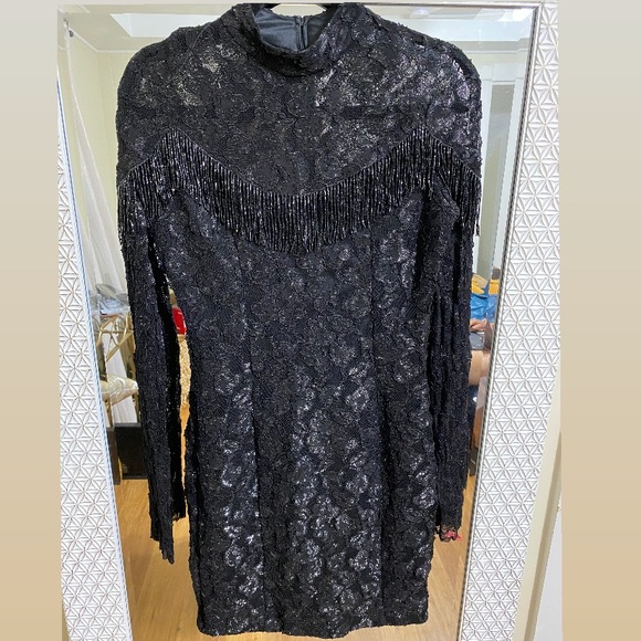Vintage Black Lace Midi Dress with Beaded Fringe Detail - Picture 1 of 7
